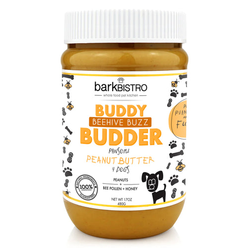 BARK BISTRO BEEHIVE BUZZ BUDDY BUDDER - 100% NATURAL DOG PEANUT BUTTER, MADE IN USA 17OZ JAR