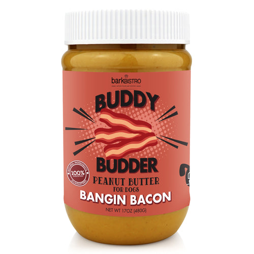 BARK BISTRO BANGIN BACON BUDDY BUDDER- 100% NATURAL DOG PEANUT BUTTER, MADE IN USA 17OZ JAR