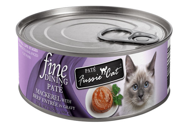 Fussie Cat Fine Dining - Pate - Mackerel with Beef Entree in gravy 2.82oz